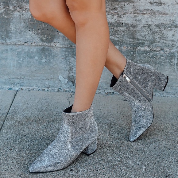 Lulus Shoes - Sofia Silver Glitter Pointed Toe Ankle Booties 6.5